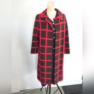 Harrod's London Italy Dark Brown & Red Windowpane Long Wool Coat